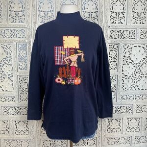 Vintage‎ Karen Scott Navy Blue Mockneck Fall Theme Scarecrow Long Sleeve Shirt